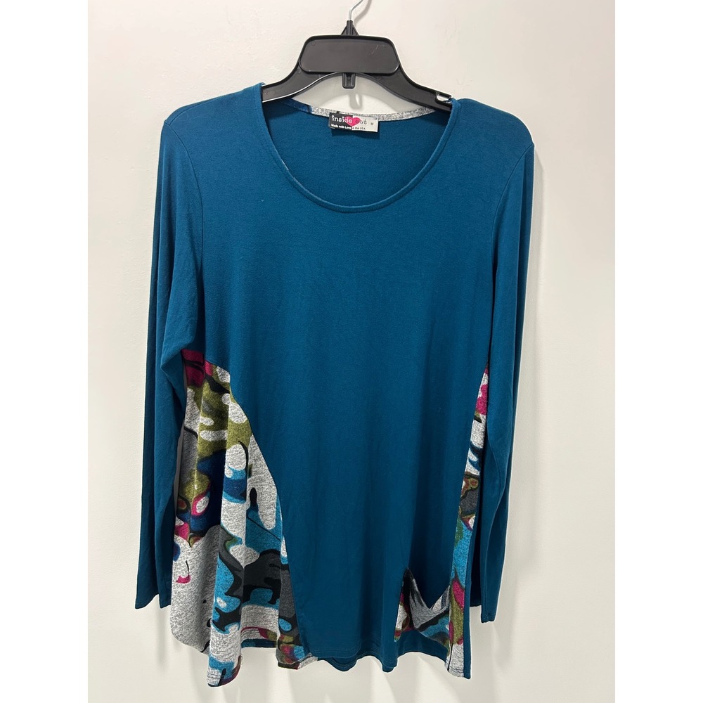 Inside Out Womens Teal Blue Abstract Floral Contrast Tunic Top Size M USA Made